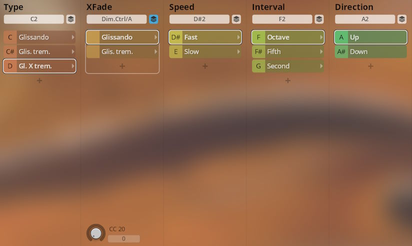 User interface for Synchron Duality Strings instrument, showing menu options for parameters like Type (Glissando, Glis. Trem., Gl. Xtrem.), XFade (Glissando, Glis. Trem.), Speed (Fast, Slow), Interval (Octave, Fifth, Second), and Direction (Up, Down).