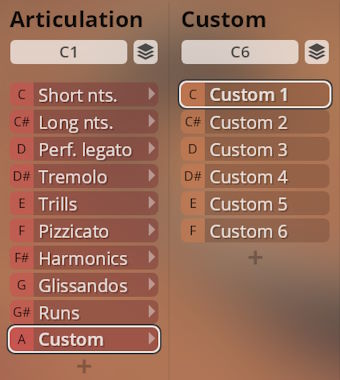Software interface showing Articulation and Custom columns with musical expression options like Short nts., Long nts., Tremolo, Pizzicato, and custom assignment slots for Synchron Duality Strings.