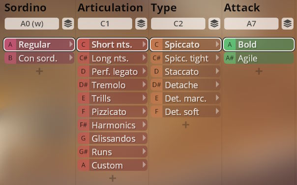 User interface of Synchron Duality Strings plugin displaying options for Sordino, Articulation, Type, and Attack, featuring selections like Regular, Short nts, Spiccato, and Bold.