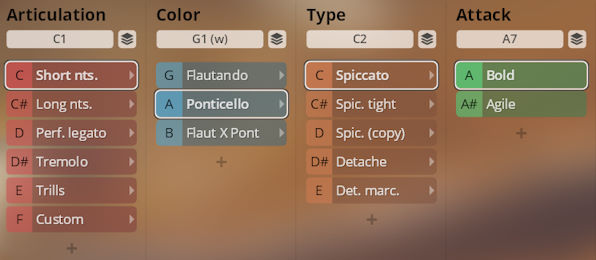 Synchron Duality Strings Colors instrument interface showing settings for Articulation, Color, Type, and Attack, including selected options like Short notes, Ponticello, Spiccato, and Bold for sound customization.