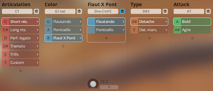 Graphical user interface displaying various Synchron Duality Strings controls for articulation, color, flaut x pont, type, and attack, with options like Short nts, Flautando, Detache, and Bold.