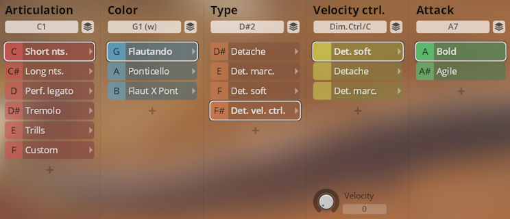 Vienna Symphonic Library Synchron Duality Strings Colors instrument interface showing articulation, color, type, velocity control, and attack parameters for sound customization.