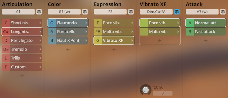 Synchron Duality Strings Colors user interface displaying articulation, color, expression, vibrato XF, and attack settings for instrument sounds.