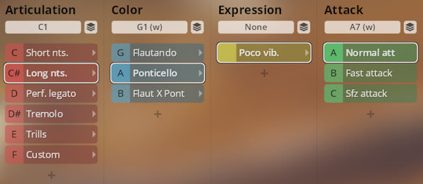 Synchron Duality Strings software interface displaying Articulation, Color, Expression, and Attack parameters for sound customization.