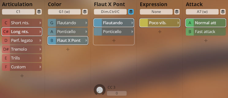 User interface screenshot of the Vienna Symphonic Library Synchron Duality Strings software showing articulation, color, flautando, expression, and attack controls for instrument settings.