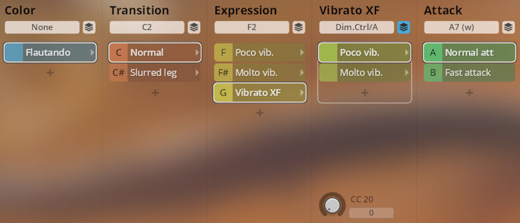 Synchron Duality Strings Colors user interface displaying instrument sound parameters: Color (Flautando), Transition (Normal, Slurred leg), Expression (Poco vib, Molto vib, Vibrato XF), Vibrato XF (Poco vib, Molto vib), and Attack (Normal att, Fast attack).