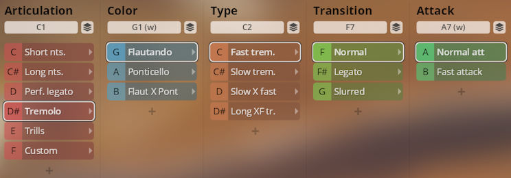 Synchron Duality Strings Colors instrument settings interface, displaying articulation, color, type, transition, and attack parameters for music production.