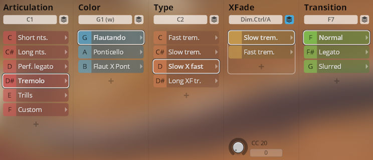 Software interface displaying options for Synchron Duality Strings Colors, including Articulation, Color, Type, XFade, and Transition, with Tremolo highlighted.
