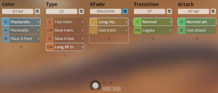 Vienna Symphonic Library Synchron Duality Strings Colors interface showing options for Color (Flautando, Ponticello, Flaut X Pont), Type (Fast trem., Slow trem., Slow X fast, Long XF tr.), XFade (Long nts., Fast trem.), Transition (Normal, Legato), and Attack (Normal att, Fast attack).