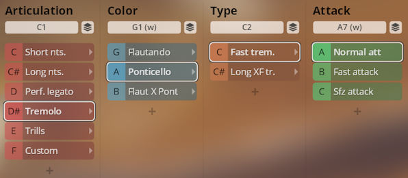 Vienna Symphonic Library Synchron Duality Strings Colors instrument settings interface, showing selectable options for articulation like Tremolo, color including Ponticello, type Fast Tremolo, and attack options such as Normal Attack.