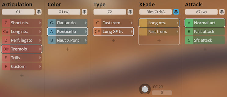 User interface for Synchron Duality Strings sound library showing articulation, color, type, XFade, and attack settings like tremolo, ponticello, and normal attack.