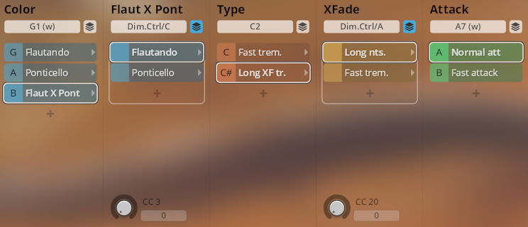 User interface for Vienna Symphonic Library Synchron Instruments showing controls for color, flaut, ponticello, type, XFade, and attack settings like normal or fast.
