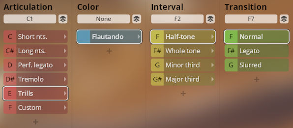 Synchron Duality Strings Colors instrument settings interface, showing options for articulation, color, interval, and transition types like trills, flautando, half-tone, and normal.