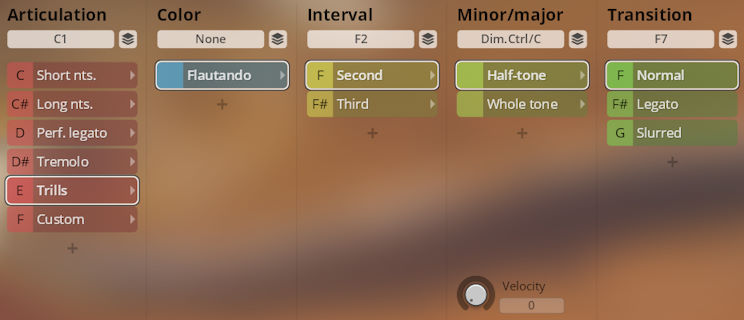 User interface for Synchron Duality Strings musical parameters including articulation, color, interval, minor/major, and transition settings, with options like Trills, Flautando, and Legato.