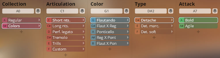 Synchron Duality Strings Colors user interface elements for Collection, Articulation, Color, Type, and Attack settings, displaying options like Short nts, Flautando, Detache, and Bold.