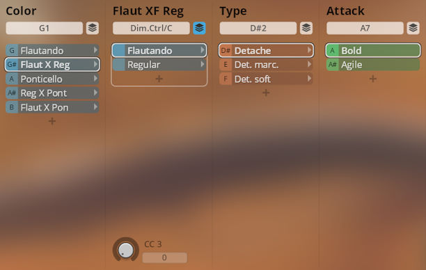 Synchron Duality Strings Colors instrument interface showing color, Flaut XF Reg, type, and attack settings like Flautando, Detache, and Bold.