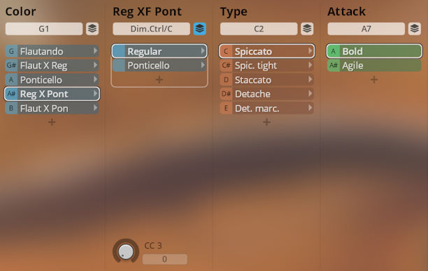 Vienna Symphonic Library Synchron Instruments interface showcasing settings for Color, Reg XF Pont, Type, and Attack, including options like Flautando, Ponticello, Spiccato, Staccato, Bold, and Agile, with selected Reg X Pont and Bold attributes, and a CC3 control knob.