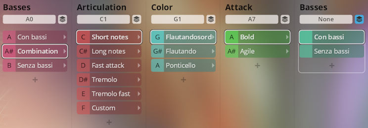 Synchron Duality Strings Colors instrument settings interface, displaying options for Basses, Articulation, Color, and Attack.