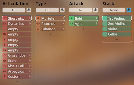Graphical user interface for Vienna Symphonic Library Synchron Instruments showing articulation, type, attack, and stacked string sections including violins, violas, and cellos.