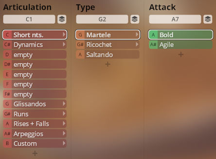 Screenshot of the Synchron Duality Strings Virtuoso interface showing Articulation, Type, and Attack settings for string instruments, including Short nts, Dynamics, Glissando, Runs, Martele, Ricochet, Saltando, Bold, and Agile options for flexible sound customization.