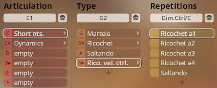 User interface for Vienna Symphonic Library Synchron Duality Strings Virtuoso, showing options for Articulation (Short nts., Dynamics), Type (Martele, Ricochet, Saltando, Rico. vel. ctrl.), and Repetitions (Ricochet a1, a2, a3, a4, Saltando).