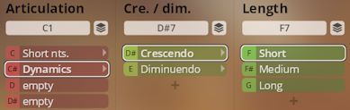 User interface demonstrating musical articulation, crescendo/diminuendo, and note length settings for Vienna Symphonic Library Synchron Instruments.