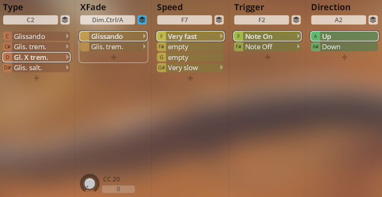 Screenshot displaying the Synchron Duality Strings Virtuoso interface with Type, XFade, Speed, Trigger, and Direction settings, including Gl. X trem. selected under Type.