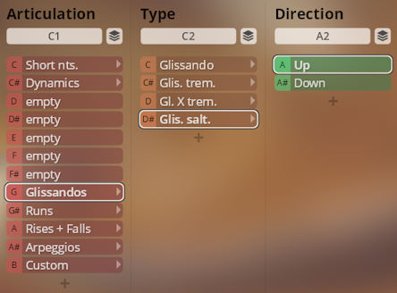 Vienna Symphonic Library Synchron Instruments interface showing articulation, type, and direction selections for string virtuoso performance, highlighted on Glissandos, Gils. Salt., and Up.