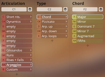 Vienna Symphonic Library Synchron Duality Strings Virtuoso interface showing articulation, type, and chord selections for musical instrument programming including Maj, Min, Dom7.