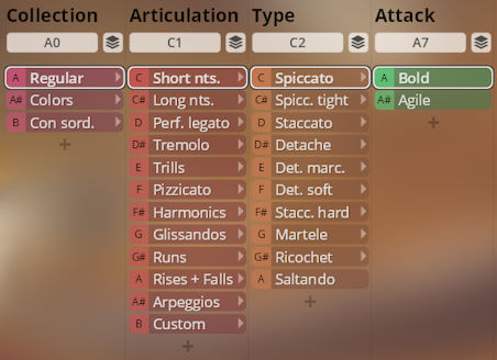 Synchron Instruments user interface showing selectable options for Collection, Articulation, Type, and Attack, featuring Regular, Short Nts, Spiccato, and Bold highlighted.