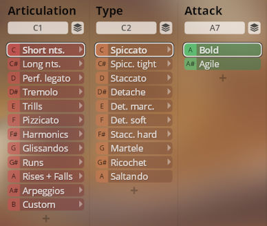 User interface showing articulation, type, and attack options for Synchron Instruments, including Short nts., Pizzicato, Spiccato, and Bold selections for virtual sound libraries.