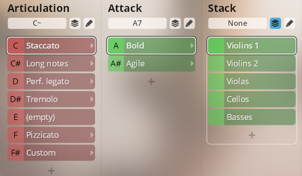 User interface of Synchron Duality Strings Essentials showing Articulation parameters like Staccato and Pizzicato, Attack options including Bold and Agile, and Stack settings for Violin, Viola, Cello, and Bass sections.