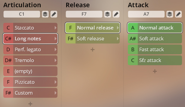 User interface for Synchron Duality Strings instrument settings including articulation, release, and attack parameters for virtual string instruments.