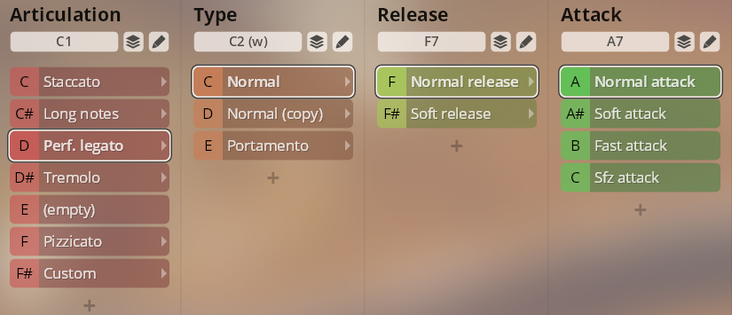 User interface displaying sound articulation, type, release, and attack options for Synchron Duality Strings Essentials.