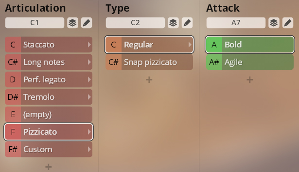 Synchron Duality Strings Essentials user interface showing Articulation, Type, and Attack parameters. Customizable options include Staccato, Pizzicato, Regular, Bold, and Agile settings for musical instrument sounds.