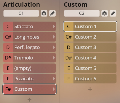 User interface for Vienna Synchron Duality Strings Essentials displaying articulation and custom sound options.