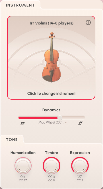 Graphic user interface of Synchron Duality Strings Essentials software displaying 1st Violins (14+8 players) with dynamics slider and tone controls for humanization, timbre, and expression.