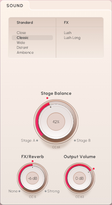 Virtual instrument sound settings interface showing Classic preset, Stage Balance, FX/Reverb at -6dB, and Output Volume at 0dB for Synchron Duality Strings.