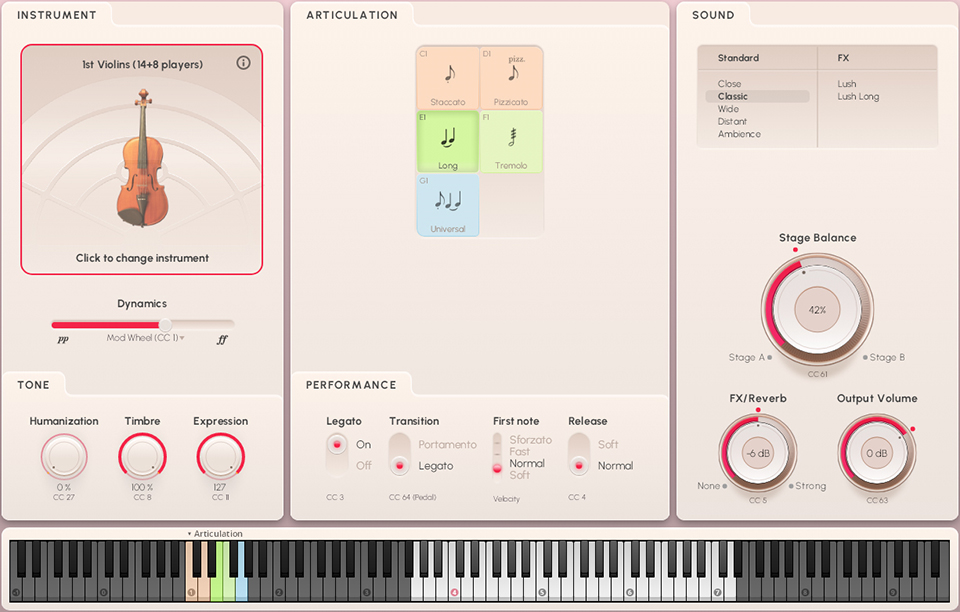 Synchron Duality Strings Essentials virtual instrument interface showing 1st Violins selected, articulation options, sound settings, and a piano keyboard for controlling instrument parameters.