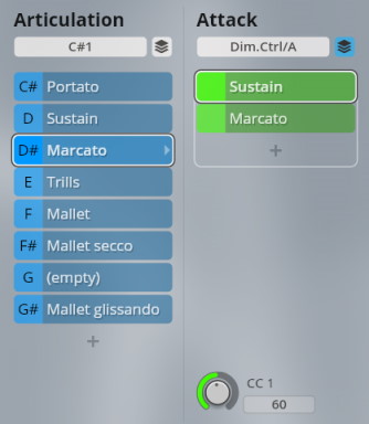 Software interface showing digital audio workstation parameters for Articulation, including Marcato, Sustain, Trills, and Mallet, and Attack with Sustain and Marcato options, referencing Studio Elements musical production.