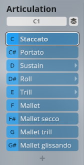 Digital interface displaying musical articulations for Studio Elements, including staccato, portato, sustain, roll, trill, and various mallet techniques, mapped to C1 keyboard notes.