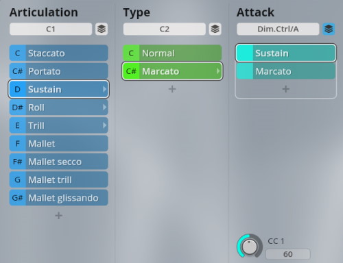 User interface displaying audio articulation, type, and attack parameters for Studio Elements, with Sustain selected in the Articulation and Attack menus, and Marcato selected under Type.
