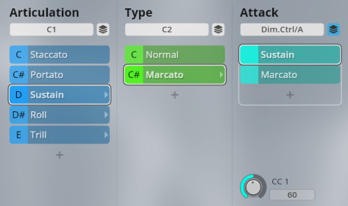 Studio Elements user interface displaying articulation, type, and attack controls for musical parameters like Sustain, Staccato, Marcato, and Roll.