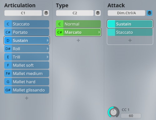 Digital audio workstation interface with articulation, type, and attack settings, showing Sustain selected for Studio Elements, SYNCHRON-ized Elements, and Vienna Special.