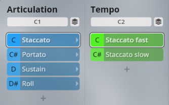 Digital audio workstation interface showing Studio Elements for articulation and tempo, with options like Staccato, Portato, Sustain, Roll, Staccato fast, and Staccato slow.