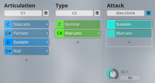 Studio Elements software interface displaying musical articulation, type, and attack controls including Staccato, Portato, Sustain, Roll, Normal, and Marcato options.