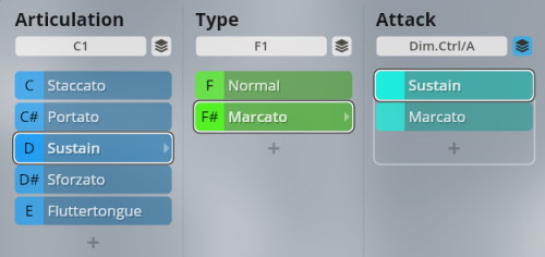 User interface screenshot showing musical articulation, type, and attack settings with Sustain selected under Articulation and Attack, and Marcato selected under Type.