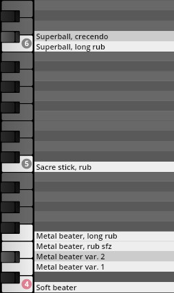 Studio Elements patch list showing various beater and stick articulation options like Superball crescendo, Sacre stick rub, and Metal beater variations.