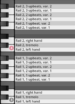 Piano keyboard keys with associated text labels, illustrating Studio Elements sound variations for Rail 1 and Rail 2, including upbeats, right hand, left hand, and tremolo.