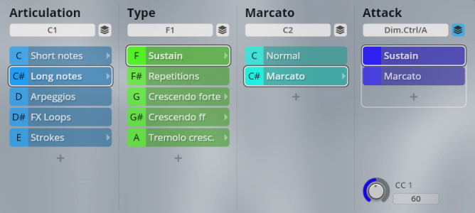 A graphical user interface displaying Studio Elements sound parameters including articulation, type, marcato, and attack options for musical composition.